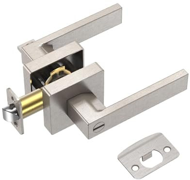 Almevix Manija o Manilla de puerta resistente, Cerradura de puerta Níquel Satinado, Palanca de puerta cuadrada reversible para dormitorio, baño y habitaciones. Tirador (Manilla/Con Seguro, Gris)