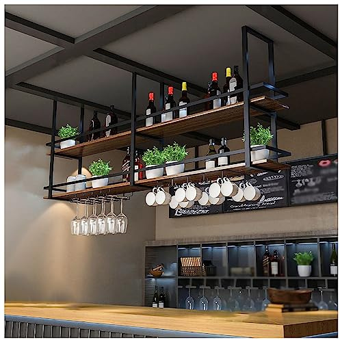 EYLINK Casier à vin Suspendu au Plafond Industriel, avec Support en Verre et étagère, étagère à Bouteilles de vin en Bois à 2 Niveaux, présentoir de Stockage de vin Multifonctionnel (Couleur : Noir
