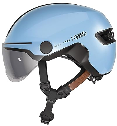 ABUS Stadthelm HUD-Y ACE - stylischer Fahrradhelm mit Visier und magnetischem, aufladbarem LED-Rücklicht - für Damen und Herren - Blau, Größe L
