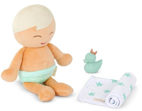 LullaBaby Plüsch-Baby-Badepuppe, 36 cm, weicher Körper fürs Bad | Waschbare Baby-Badepuppe mit Handtuch mit Sternenmuster und Badeente für Wasserspiel und fürsorgliches Rollenspiel, 2+ Jahre