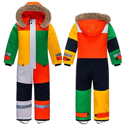 linboo Combinaison de Ski Enfant Garçon à Capuche Imperméables Coupe-vent Vêtements de Ski Fille Chaude Combinaisons de Neige Hiver Veste Snowsuit, Coloré, 12-14 ans