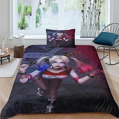 GIOSBR Harley Quinn Bettbezug Set Bettwäschegarnitur 3D Gedruckter Mädchen Junge Kinder Und Kissenbezüge Bettwäsche Reissverschluss Weich Microfaser 2 Teilig Single(135x200cm)