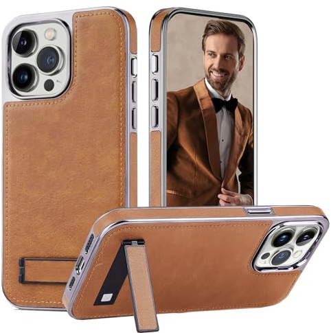Mipoclea Luxus Leder Invisible Ständer Hülle für iPhone 15 Pro Max, Weiche Lederhülle mit Kickstand, Schlankes Luxus Beschichtung Rahmen Stoßfest Anti-Kratz Cases für iPhone 15 Pro Max (Braun)