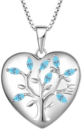 YL Lebensbaum Medaillon Halskette 925 Sterling Silber Schnitt Aquamarin Blau Herz Medaillon Anhänger für Damen,45-50CM