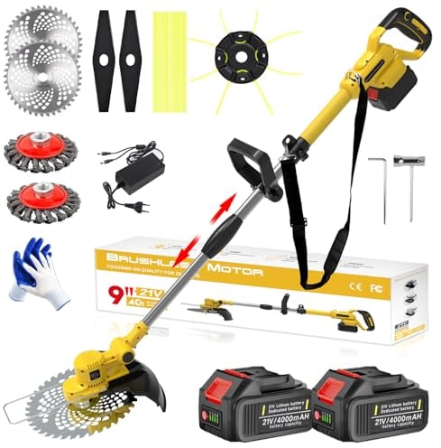 Desbrozadora Batería 21V, Cortabordes Bateria Brushless 4 En 1 con 2 Baterías 4,0Ah, Cepillo de Malas Hierbas, Mango Ajustable, Tubo Telescópico, Cabezal Pivotante 90° para Césped Jardín Poda