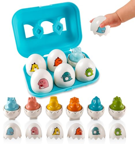 Montessori Egg Toys, 6PCS Dinosaur Eggs Toy Simulation Matching Eggs Colour & Shape Sorter Eggs Baby Sensory Toys Educational Fine Motor Skill Montessori Toy Easter Gifts for Kids Boys Girls (Blue)