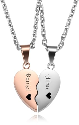 MeMeDIY 2 Stück Personalisierte Herz Puzzle Kette mit Gravur für Damen Herren Freundin Freund Paar Kette Freundschaftskette Silber Gold Schwarz Farbe -B3