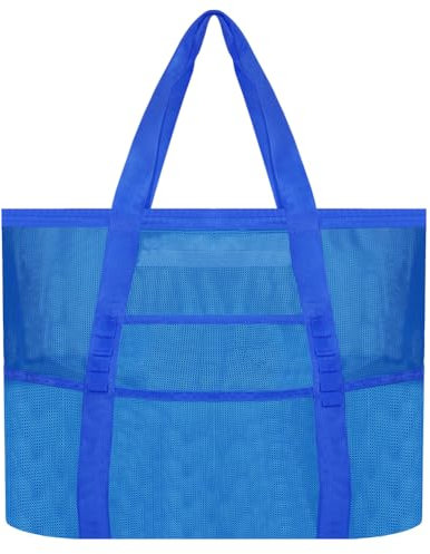 Amonsen Große Netz-Strandtasche mit 8 separaten Taschen, Netz-Aufbewahrungstasche für Strandurlaub, gut für Sllipers, Handtücher, Sonnencreme, Getränke, Dunkelblau, 1 Stück, XL