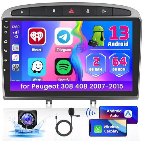 Hikity 2+64G Android Autoradio Carplay pour Peugeot 308/408 2007-2013, Écran Tactile de 9 Pouces Poste Radio Voiture avec Android Auto BT GPS EQ FM/RDS Caméra de Recul