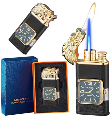 Lighter, Dragon Torch Lighter with Stylish Quartz Dial, Adjustable Windproof Jet Lighter with Visible Fuel Window, Refillable Butane Lighter for Outdoor Indoor(Gas not Included)-Matte Black