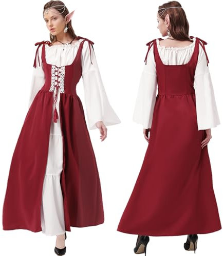 Joellfuner Robe Médiévale, Costume de Renaissance victorienne, Costume Médiéval Pour Femme avec bijoux et oreilles de lutin, Déguisement Médiéval Renaissance Robe avec lacets et volants (rose, XXL)