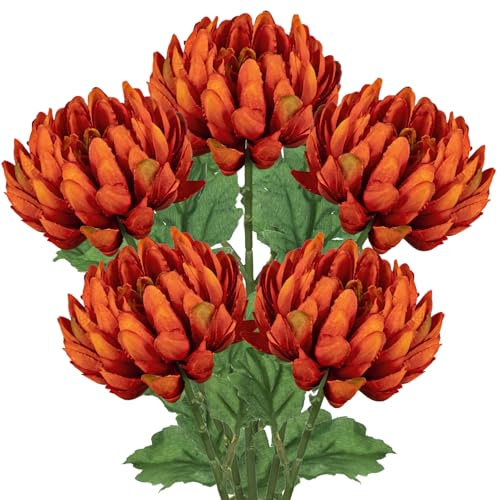 Arborus 5pcs Long Stem Artificial Flowers for Tall Vase 3 Large Fake Chrysanthemum Flower 22.8 Tall Artificial Flowers Orange Faux Silk Flower with Green Leaf for Flora Arrangement Spring Home Decor