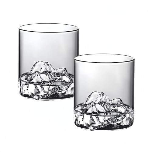 Lot de 2 verres à whisky transparents avec impression de montagne - Style japonais vintage - Pour boire du bourbon, des scotch, des cocktails ou des cocktails à thé - 300 ml