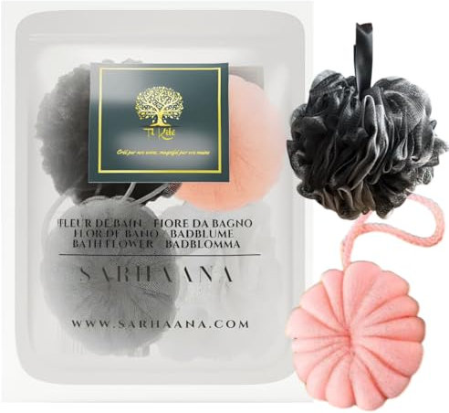 Éponges de douche en forme de fleur, boule de douche, lot de 4 éponge de bain, loofah, adulte, enfant, bébé, noir/gris élégant et blanc pur, rose tendre et gris clair. Douceur et Bien-être (ELEGANCE)
