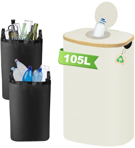 TFCIOD 105L Collecteur de Bouteilles avec Couvercle, Poubelle Tri Selectif Consignées pour Plastique, Bouteilles Verre avec 2 Sacs de Transport, Poubelle Recyclage avec Poches Latérales (Beige)
