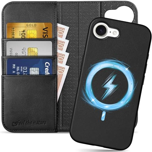SHIELDON Detachable Wallet Case for iPhone 17e & iPhone 16e 6.1, Black | Genuine Leather, Card Holder, RFID Blocking, Kickstand, Magnetic Wireless Charging, Shockproof Removable Flip Cover