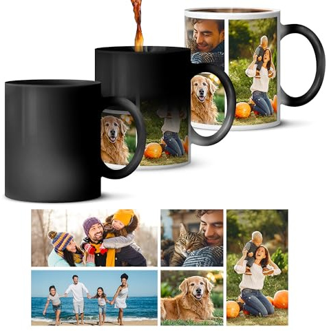 Personalised Heat Change Mug with Photo, 11oz Ceramic Custom Cup | Customised Colour Changing Gift for Birthday, Christmas, Anniversary, Personalised Coffee Tea Cup for Him or Her, 5 Photos
