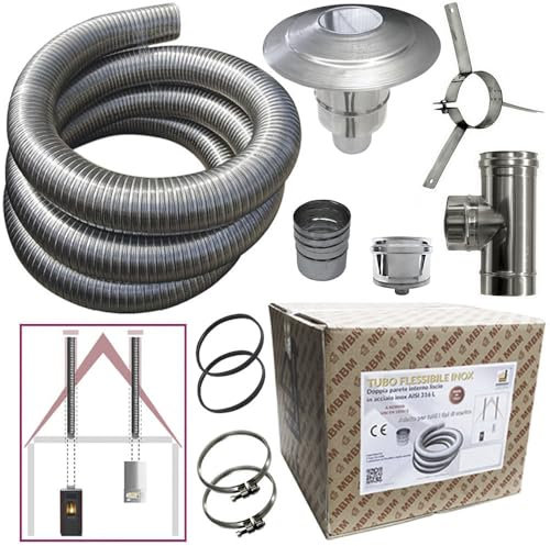 Kit de tubo de acero inoxidable 316, flexible, 3 m, diámetro 80 mm, interior liso según la norma CE EN 1856, 2 tubos de humos