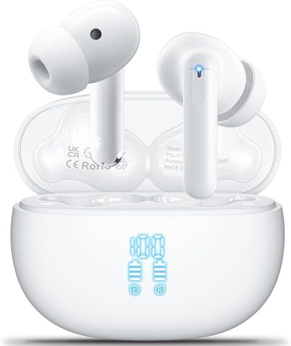 Cuffie Bluetooth, Auricolari Bluetooth Sport 5.4 con 4 HD ENC Cancellazione Rumore Hi-Fi Stereo Cuffiette Wireless LED Display 42H Autonomia Mini Touch Control IPX7 Impermeabili,for iOS Android,Bianco