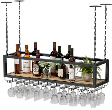 Casiers À Vin Au Plafond Support de vin Suspendu au Plafond Moderne Porte-Bouteilles Industriels avec Porte-Verre Hauteur réglable Étagère De Décor en Bois Massif en Fer Rétro (100x25x100CM)