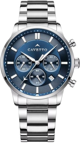 Cavetto Chronograph für Herren – Sportliche Armbanduhr aus Edelstahl 42mm – 10 ATM Wasserdicht – Elegante Herrenuhr mit Stoppfunktion & Datumsanzeige – Japanisches Quarzwerk – Silbernes Metallarmband