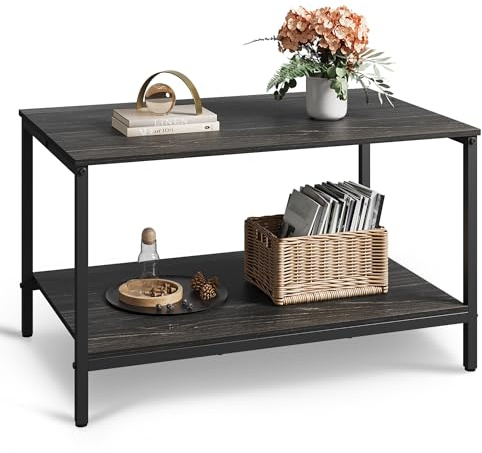 WLIVE Coffee Table, Modern Industrial Wooden Coffee Table with Storage Shelf & Metal Frame, 2-Tier Wood Centre Table for Small Spaces Apartment, Home, Charcoal Black