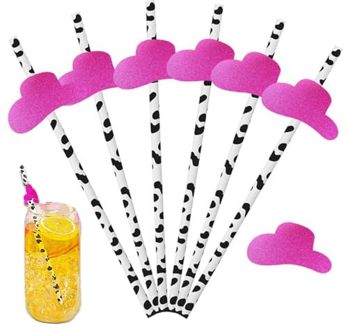 40Pcs Straws, Cowgirl Paper Straws, Straw Disposable, Cow Print Drinking Straw with Pink Glitter Hat, for Bachelorette Disco Cowgirl Hen Party Supplies
