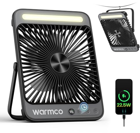 Warmco Ventilatore da campeggio per tenda da 20000 mAh, ventilatore portatile ricaricabile da 20,3 cm, autonomia 15 ~ 48 ore, timer, ricarica rapida, luce LED, ventola da viaggio ultra sottile