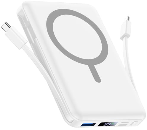 Vexnara for Magsafe Power Bank, 10000mAh Magnetic Portable Charger,15W Wireless Battery Pack with Built in Cables Fast Charging LED Display for iPhone 17/16/15/14/13/12/Plus/Pro/Pro Max(White)
