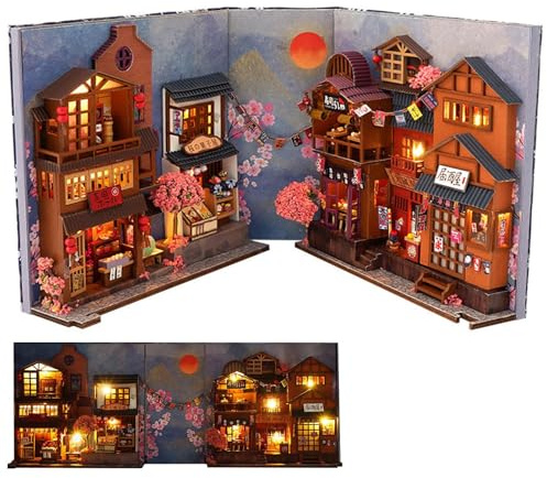 Japanese Street 3D-Miniatur-Haus-Set zum Selbermachen mit aufwendigen Details, LED-Lampen und Holzstücken, künstlerisches Modell, handgefertigt, Regaleinsatz, Dekoration
