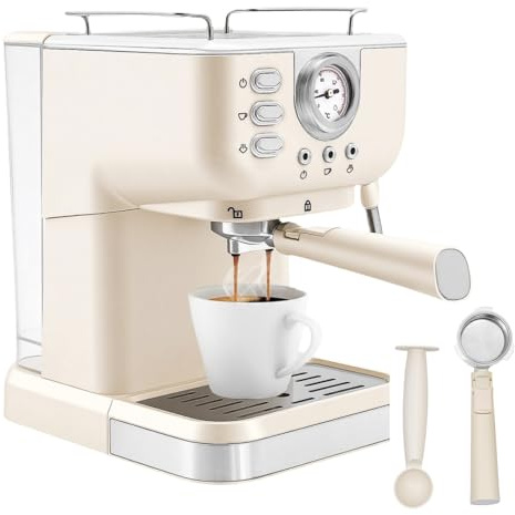 DAOHHFO Kompakte Espressomaschine 20Bar 1050W Espresso Siebträgermaschine mit 1,5L Wassertank, Presslöffel und Trichtergriff, Weiß Espresso-Kaffeemaschine für Mokka, Latte, Caramel Macchiato