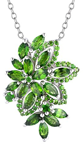 Grewod Anhänger Kette Charms Damen 925 Silber Blume und Blätter mit 5x2.5mm Diopsid Halskette Schmuck 40+5 CM