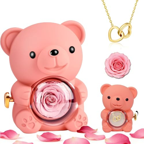 DWcouple Rosen Bär Mit Herz Damen Halskette, Konservierter Rose Bär Ewige Echte Rose Blumen Geschenkbox Geschenke, für Frauen Freundin Mutter Muttertagsgeschenk Weihnachten Valentinstag