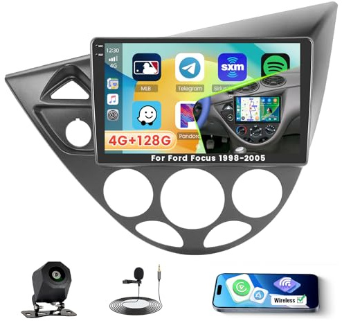Roinvou 4G+128G Radio Android 15 para Ford Focus 1998-2005 Incell Screen Carplay Android Auto, 9 Pulgadas Pantalla Táctil Estéreo Radio con GPS Bluetooth EQ WiFi RDS FM SWC Cámara Trasera