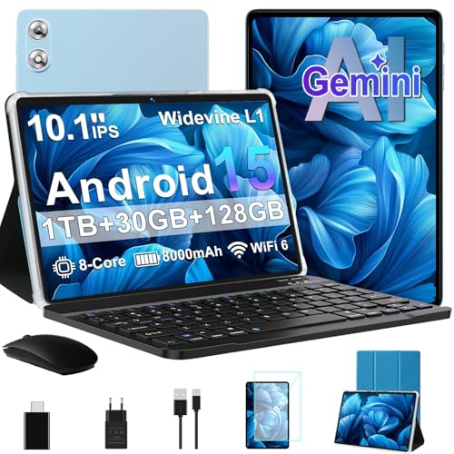 fezawio Tablet 10.1 Pulgadas Android 15 Octa-Core 2.0 GHz|30GB RAM + 128GB ROM(TF 1TB )|8000mAh|5G WiFi 6| BT 5.0|Cámara Dual|GMS Certificación| Widevine L1|5MP+8MP|con Teclado y Ratón,Azul