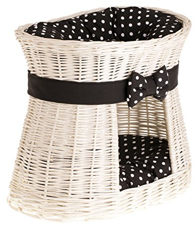 e-wicker24 Alles aus Weide Ovale Katzenhütte in weiß, Katzenkorb aus Weide, Korb für die Katze mit Zwei Etagen, Katzenlager mit Kissen und Schleife, Katzenturm