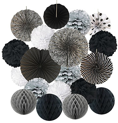 ZERODECO 19 Stück Seidenpapier Pompoms, Papier Fans Fächer und Wabenbälle Dekorpapier Kit für Geburtstag Hochzeit Baby Dusche Parteien Hauptdekorationen - Schwarz, Grau und Weiß