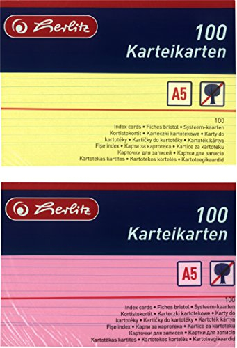 Herlitz Karteikarten A5, 170 g/m², holzfrei, 100er Packung, liniert (Gemischte Farben, 2 Packungen)