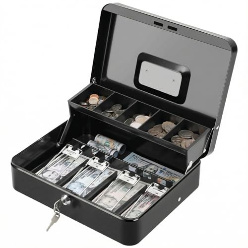 KYODOLED Cash Box with Money Tray and Key Lock, 1mm Thick Metal Cash Drawer