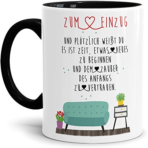 Tasse mit Spruch Einzug und plötzlich weißt du: - Innen & Henkel Schwarz/Zuhause/Eigenheim/Geschenk-Idee
