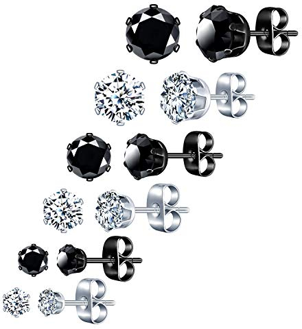 6 Paires Boucles d’Oreilles pour Homme Femme Diamant Zirconium Ronde Clou d’Oreille en acier inoxydable 3-8mm