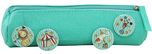 Papierdrachen Federmäppchen mit 4 Buttons für Jungen und Mädchen | Filzmäppchen in türkis mit Zirkus-Motiv Einschulung | Schulmäppchen Set Nr 3
