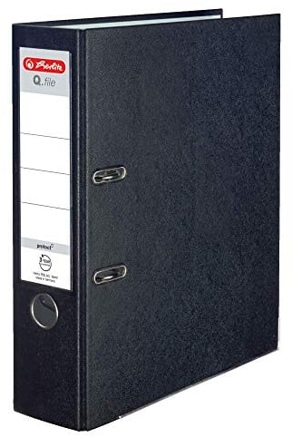 Herlitz® Q.file Aktenordner A4 | 8cm Rücken | Wechselseitiges Schild | 2-Ring-Mechanik mit Druckleiste | PP Folie beschichtet Robuste Beschläge | Schwarz