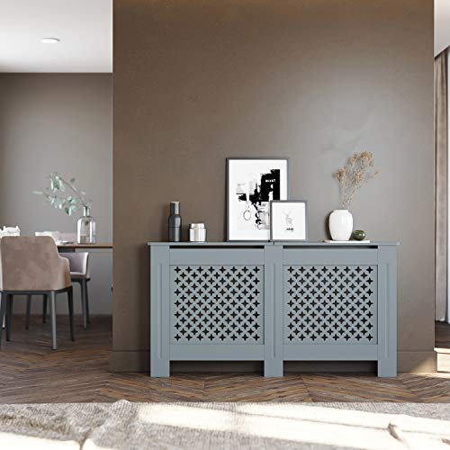 ELEGANT Radiator Covers Grey Large Traditional Painted MDF Wood Cross Slat Modern Wall Cabinet for Living Room Bedroom, L