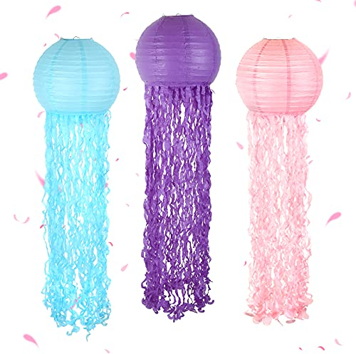 LIHAO Papierlaternen, 30,5 cm, 3 Stück, Quallen, rosa/lila/blau, hängende Meerjungfrauen-Wunschlaterne, ideal für Kindergeburtstagsdekorationen, Babyparty-Dekorationen