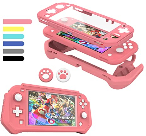 FIWWAT Switch Lite Hülle Schutzhülle für Nintendo Switch Lite, kompatibel mit Nintendo Switch Lite Cover mit eingebautem PC Displayschutz, Handgriffhülle mit 2 Daumengriffkappen, Rosa