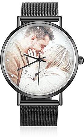 Lam Hub Fong Personalisiert Foto Armbanduhr für Damen mit Gravur Text Fashion Uhr Metallarmband Rosegold Schwarz Zifferblatt Wasserdicht Geburtstagsgeschenk für Mutter Freundin Familie (Schwarz)