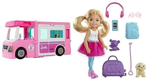 Barbie DreamCamper 3 en 1 - Autocaravana Transformable - con Piscina + Chelsea Vamos de Viaje con Perrito, muñeca con Accesorios