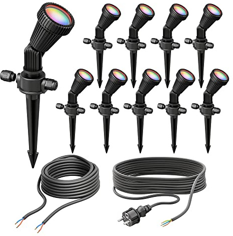 ledscom.de 10er Set Gartenstrahler mit Erdspieß PIRK, für außen, IP44, schwarz, Stecker, inkl. Smart Home RGBW GU10 LEDs je 473lm
