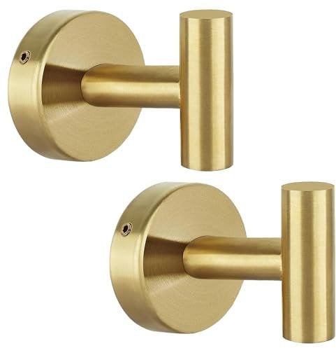 QNIIAED Bathroom Towel Hook, 2 Pack Back of Door Hooks Screw in Metal Stainless Steel Hanger for Coat,Robe,Clothes(Brushed Brass Gold)